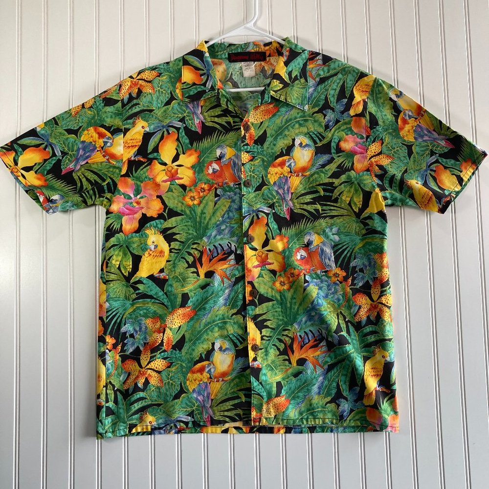 Dangerous Willie Aloha Hawaiian Shirt Tropical Birds Size Med